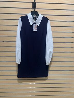 SHEIN Navy Blue Long Sleeve Dress with White Pointed Collar